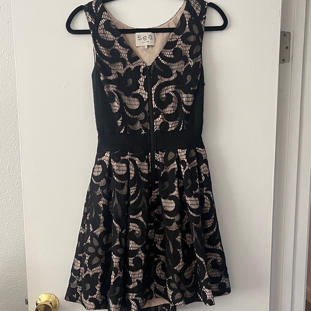 Sea New York Black Lace Overlay Dress with Nude Underlay